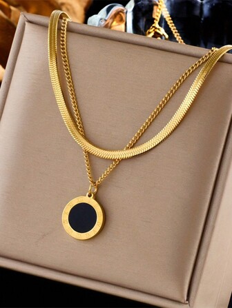 2pcs/Set Stainless Steel Minimalist Black Roman Coin Pendant Blade Chain Necklaces, Can Be Worn Separately Or Together