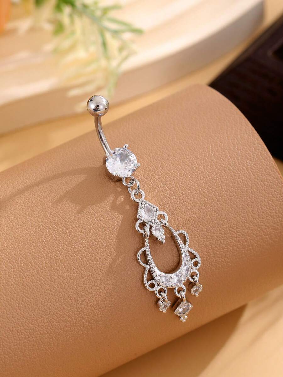 1pc Fashionable And Exquisite Rhinestone Lantern Belly Button Ring For Women - Antique Silver - View 1