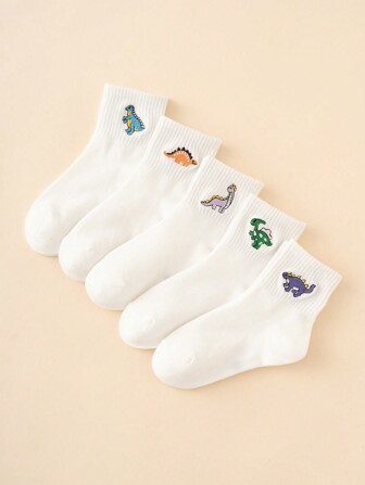 5pairs Funny Personalized Cartoon Dinosaur Embroidery Mid-Calf Socks For Girls, All Seasons, European And American Sizes, Comfortable, Breathable And Durable, Suitable For Daily Wear With High-Quality Material