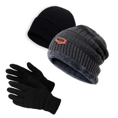 Kit Inverno 1 Touca Lisa Preta + 1 Touca De Pelinhos + 1 Luva Lisa Preta