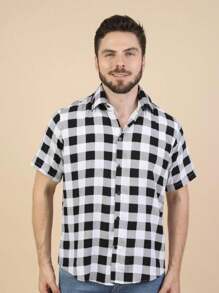 Camisa Masculina Xadrez Manga Curta Slim Estilo Verão Casual Respirável Festa Junina