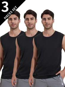 Conjunto de 3 peças de Camiseta de Treinamento Fitness para Homens Preto, Respirável e Confortável com Alças Cruzadas, Gola Redonda e Sem Mangas Para Uso Doméstico