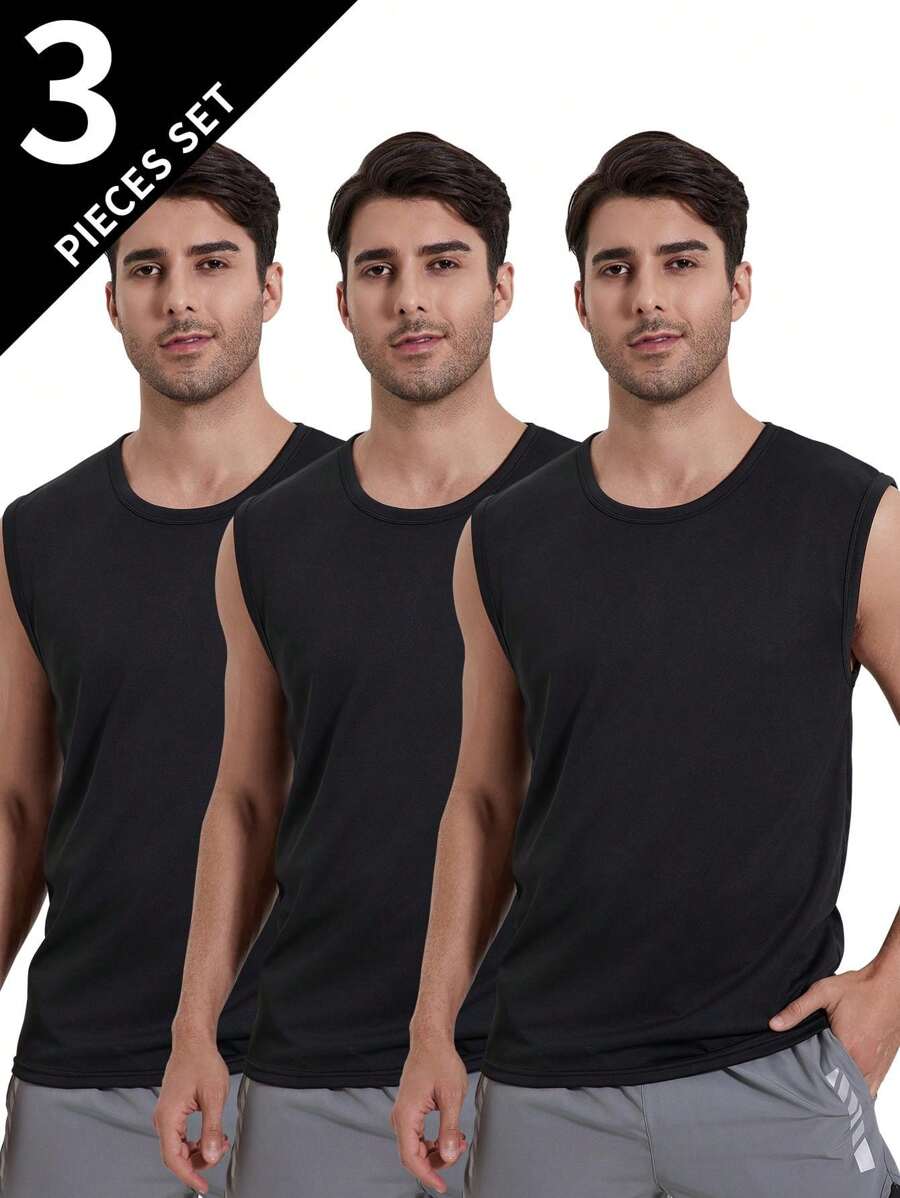 Conjunto de 3 peças de Camiseta de Treinamento Fitness para Homens Preto, Respirável e Confortável com Alças Cruzadas, Gola Redonda e Sem Mangas Para Uso Doméstico