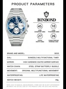 BINBOND 豪華男款石英手錶，防水日期週顯示發光腕錶，不鏽鋼男裝手錶，運動手錶 - 藍色 - 查看 5
