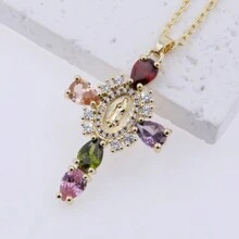 1pc Copper Plated 18K Gold Sparkling Cubic Zirconia Inlaid Cross Pendant Necklace, Suitable For Daily Wear, Gift Available