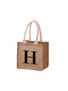 1pc Mini Initials Printed Burlap Bag Handbag, Shopping Bag Handbag, Women's Fashionable Burlap Grocery Bag, Portable Teacher Handbag, Ideal Shopping Handbag, Lunch Bag, Suitable For Women, Dates, Birthdays, Holidays, Back To School, Vacation, Beach, Travel, Commuting, Business, Students, Picnics, Camping, Supermarket, Daily Storage - Khaki - View 20