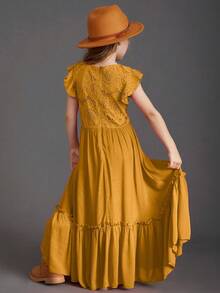 Tween Girls' Patchwork Lace Short Flutter Sleeve Dress With Ruffled Trim - Coffee - View 2