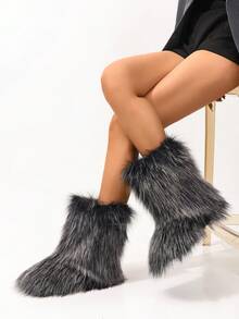 Botas de nieve para mujer, botas de media pantorrilla con aislamiento grueso y estilo elegante con y peluche - Negro - Ver 1