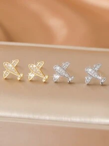 1 Pair Zirconia Crystal Cute Mini Airplane Stud Earrings, Unique Creative Design, Suitable For Women, Birthday, Gifts For Friends