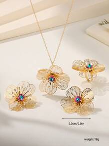 Bộ nhẫn bông tai vòng cổ hình hoa rỗng thời trang cao cấp màu gradient dành cho nữ, đồ trang sức tuyệt đẹp được làm bằng kim cương K9 - hoa - Xem 3