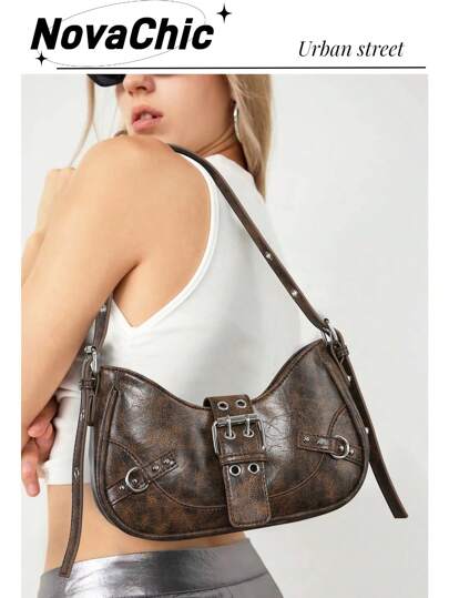 轻便，商务休闲 1 件 Y2K 哥特式时尚铆钉装饰复古方块装饰女士单肩包和单肩手提包可调节，适合日常旅行新奇包包哥特式 Y2K 风格甜美酷炫包包，适合少女、女大学生、新秀和白领人士，适合办公室、工作、商务、通勤，非常适合音乐节，摇滚风格女士包包，复古风格女士复古包包