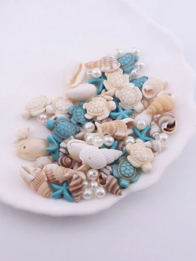 40g Random Fashionable 3D Ocean Themed Bead Mix Including Shell, Faux Pearl, Turquoise, Turtle, Starfish For DIY Bracelets And Earrings Accessories