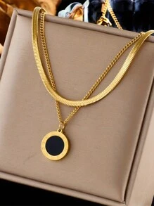 2 peças/conjunto Colares Minimalistas de Corrente de Lâmina com Pingente de Moeda Romana Preta em Aço Inoxidável, Podem Ser Usados Separados ou Juntos