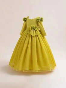 Tween Girl Elegant And Luxurious Dress With 3D Floral Decor And Layered Tulle Skirt, Suitable For Wedding, Party And Birthday Party