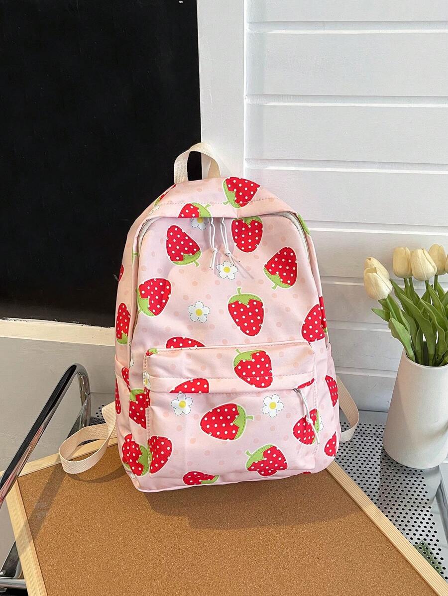 1pc Zipper Closure Fashion Strawberry Pattern Backpack, Cute & Versatile Korean Style Casual Daypack For Everyday Use - Pink - View 1