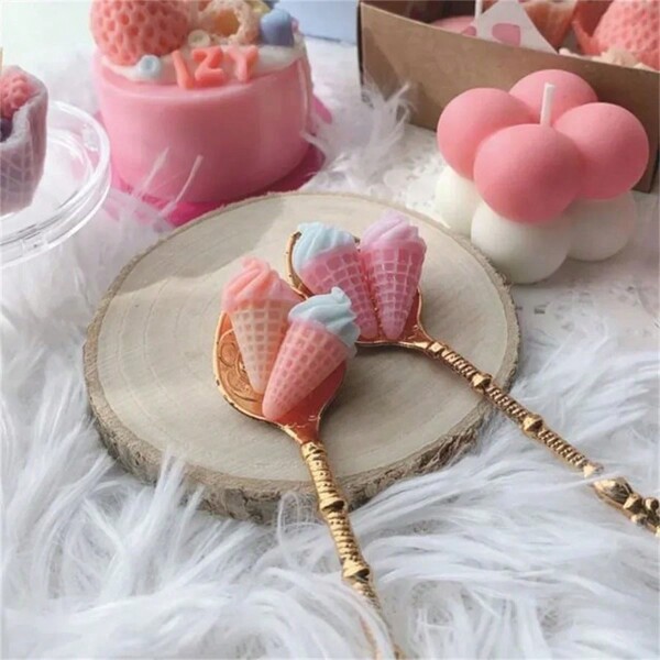 1 Set Mini molde de silicona para decoración de velas de cumpleaños, moldes con forma de pequeños conos de helado lindos para hacer velas aromáticas, jabón, artesanía de resina y arcilla polimérica, herramienta de manualidades y suministros de regalo DIY