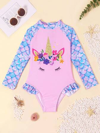 Young Girl One Piece Round Neck Long Sleeve Zipper Swimsuit With Fish Scales Print, Sun Protection Clothing