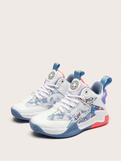 1雙女性運動籃球鞋，透氣網眼印花高幫運動鞋，帶扣設計