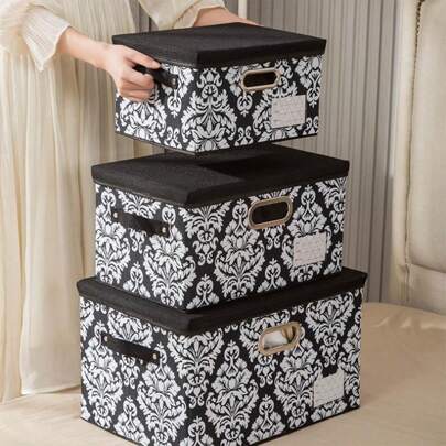 1pc European Style Linen Printed Storage Box With Lid, Collapsible Design In 3 Sizes, Ideal For Organizing Clothes, Cabinets And Closets Bedroom, Organizer, Home Storage, For White T Shirt Women, Black Pants Women, Ladies Winter Clothes, Dress, Winter Clothes For Ladies, Elegant Woman Dresses, White Shirt For Ladies, Long Sleeve, White Jumpsuit For Women, Spring Dresses For Women, Spring Outfits For Women, Spring, Spring Clothes, Minimalist, Summer Tops Storage