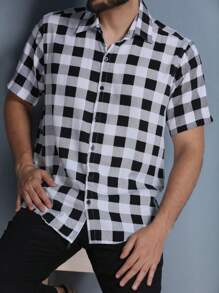 Camisa Masculina Xadrez Manga Curta Slim Estilo Verão Casual Respirável Festa Junina