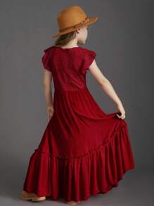 Tween Girl Solid Color Patchwork Lace Trimmed Decorative Border One Piece Dress - 酒紅色 - 查看 7