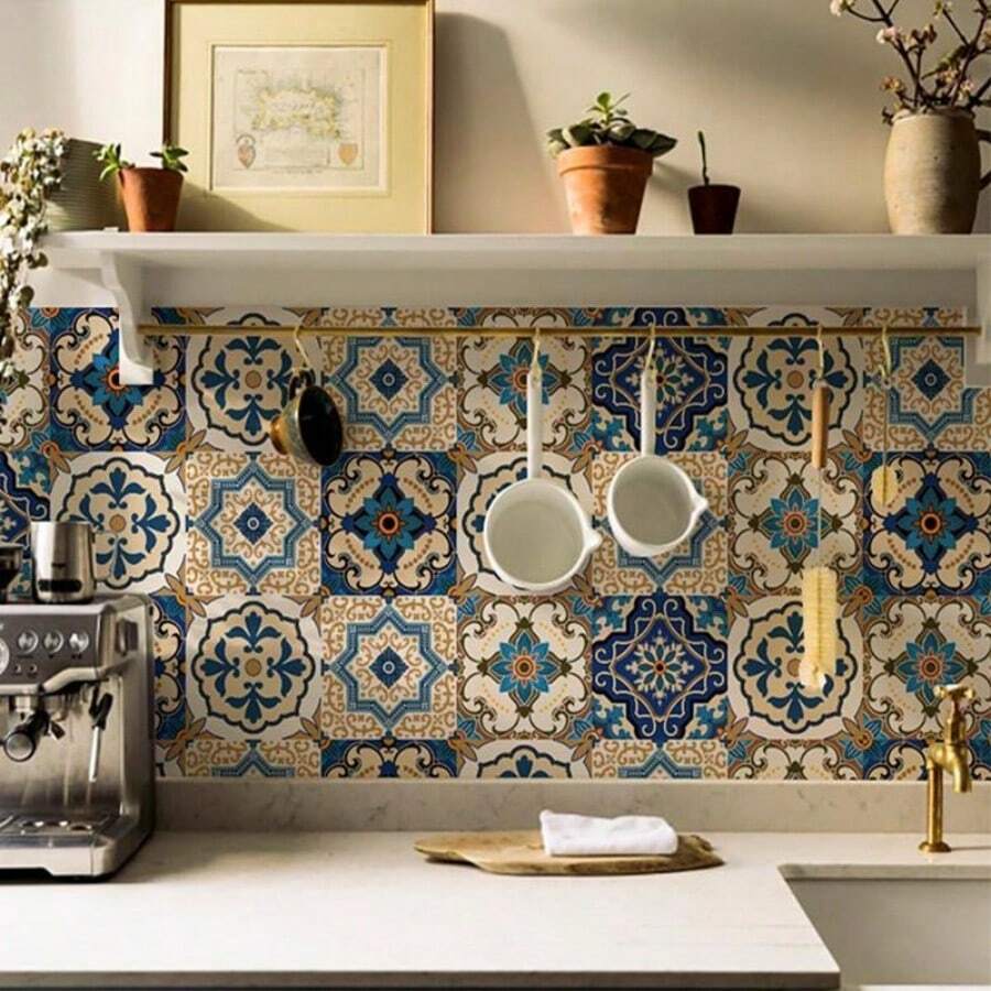 1 Roll Blue Bohemian Pattern Tile Sticker PVC Waterproof Wall Paper For