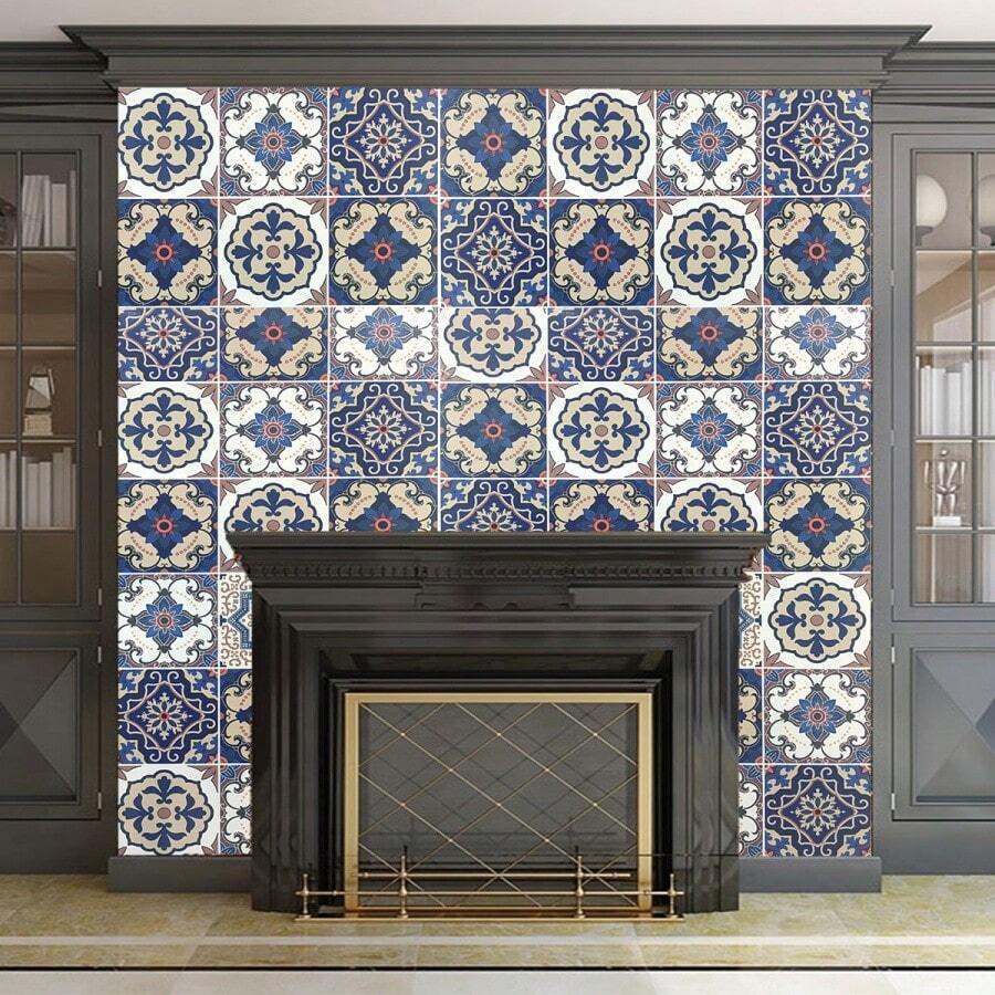1 Roll Blue Bohemian Pattern Tile Sticker PVC Waterproof Wall Paper For