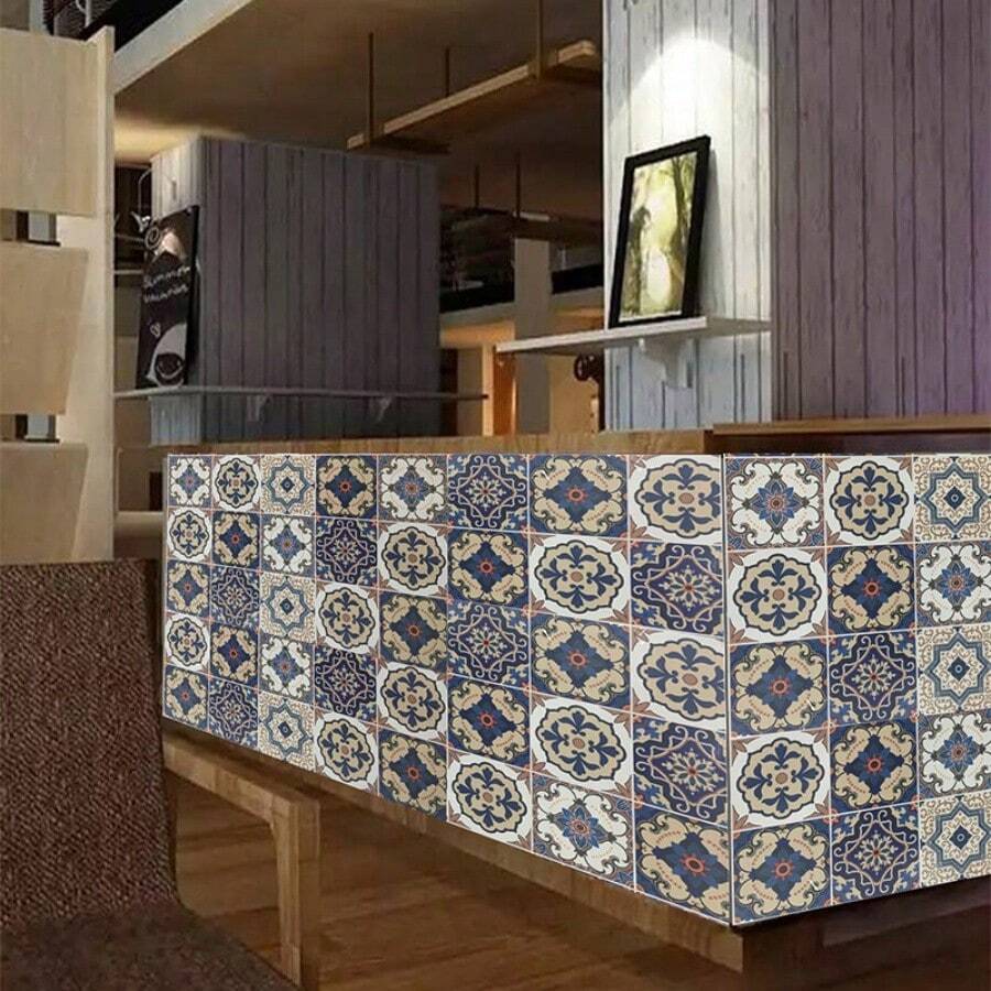 1 Roll Blue Bohemian Pattern Tile Sticker PVC Waterproof Wall Paper For