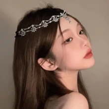 1pc Rhinestone Gemstone Head Chain, Headdress, Hairband, Mori Style Princess Bridal Wedding Headpiece - Silver - View 3