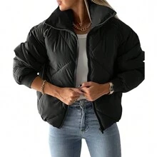 Women Winter Long Sleeve Lapel Zip Up Baggy Quilted Warm Short Coats With Pockets - màu đen - Xem 1