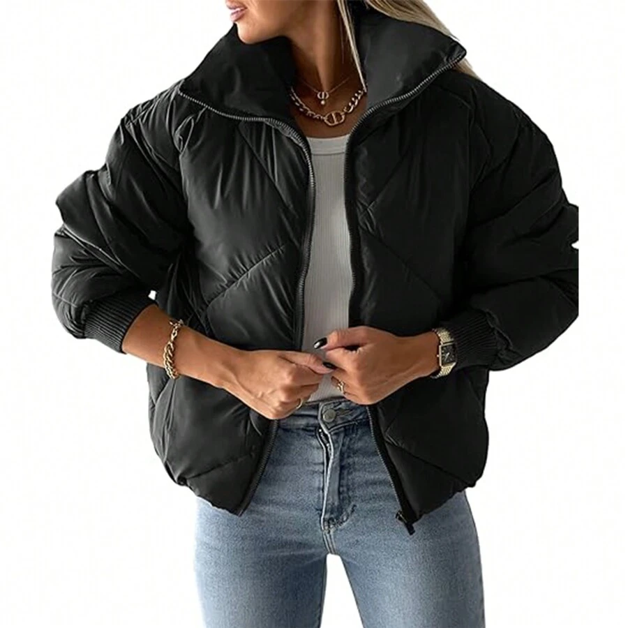Women Winter Long Sleeve Lapel Zip Up Baggy Quilted Warm Short Coats With Pockets - màu đen - Xem 1