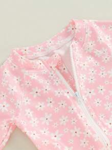 嬰兒女孩防曬衣泳衣連體褲，長袖花卉印花荷葉邊泳裝，附泳帽套裝