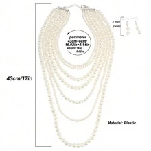 Conjunto De Collar De Cadena Larga De Suéter Multicapa Vintage Y Minimalista Con Perlas Falsas Y Aretes
