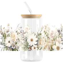 6pcs/Set Beautiful Flowers UV DTF Transfer Sticker Libbey Glass Cups Diy Wrap Transfer Sticker For 16oz Glass Cup Waterproof Sticker Bottle Sticker Adhesive Sticker-