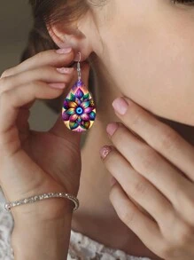 1對多彩曼陀羅花紋皮質耳環雙面印刷輕盈水滴形耳環，適合女性日常佩戴優雅禮物 - 彩色 - 查看 2