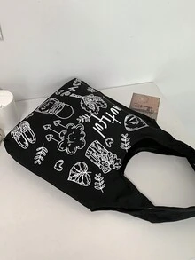 1 Túi vải canvas đeo vai Graffiti phong cảnh Túi mua sắm nhẹ cho phụ nữ - màu đen - Xem 3