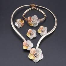 1 Set Gold Plated Crystal Flower Shaped Necklace, Earrings, Bracelet And Ring Jewelry Set, Suitable For Women For Weddings, Parties, Daily Wear, And Gifts. Valentines,Mom,Mother,Mother's Day,Gift