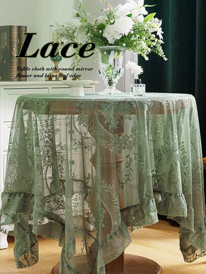1pc Flower Embroidered Lace Mesh Tablecloth With White/Green Pleated Edge Floral Hollow Out Table Cover, Polyester Rectangular/Circular Embroidered Decorative Tablecloth, Ideal For Kitchen Dining Table, Festival Decoration, Wedding Tablecloth