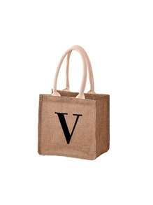 1pc Mini Initials Printed Burlap Bag Handbag, Shopping Bag Handbag, Women's Fashionable Burlap Grocery Bag, Portable Teacher Handbag, Ideal Shopping Handbag, Lunch Bag, Suitable For Women, Dates, Birthdays, Holidays, Back To School, Vacation, Beach, Travel, Commuting, Business, Students, Picnics, Camping, Supermarket, Daily Storage - Khaki - View 15