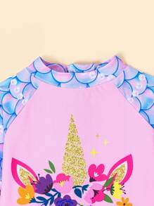 1 件女童圆领长袖拉链美人鱼鳞片印花泳衣 - 粉色 - 查看 5