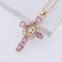 1pc Copper Plated 18K Gold Sparkling Cubic Zirconia Inlaid Cross Pendant Necklace, Suitable For Daily Wear, Gift Available