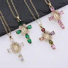 1pc Copper Plated 18K Gold Sparkling Cubic Zirconia Inlaid Cross Pendant Necklace, Suitable For Daily Wear, Gift Available