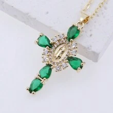 1pc Copper Plated 18K Gold Sparkling Cubic Zirconia Inlaid Cross Pendant Necklace, Suitable For Daily Wear, Gift Available