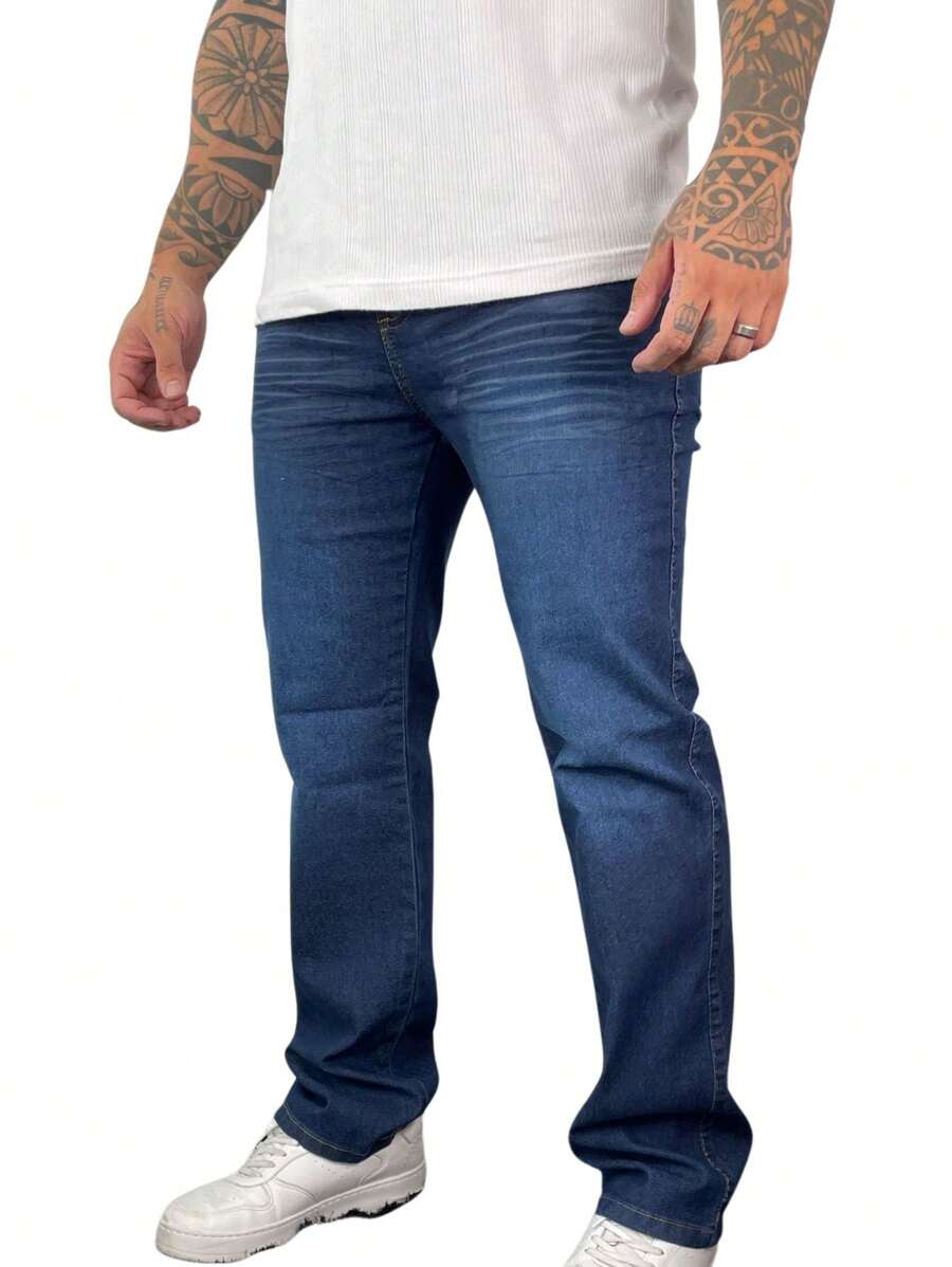 Calça Jeans Masculina Perna Reta Básica Azul Skatista Bolso - Azul Marinho - Visão 1