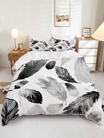 3pcs Quilt Cover Set, White Feather Design Bedding Set, Soft Comfortable Quilt Cover, For Bedroom, Guest Room (1*Quilt Cover + 2*Pillowcases, Without Core)