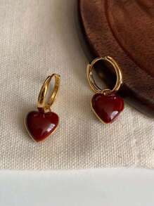 1pair Vintage Red Heart Shaped Zinc Alloy Hoop Earrings With Gold Tone For Thanksgiving Accessories Halloween Valentine's Day Valentines Back To School