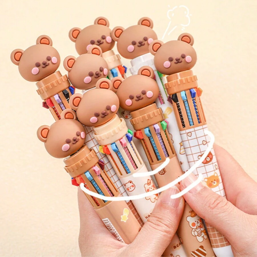 10 Colors Cartoon Ballpoint Pens, Click Ball Pens, Student Stationery Multi-Color Journaling Pens Drawing Pens Back To School - Multicolor - View 1