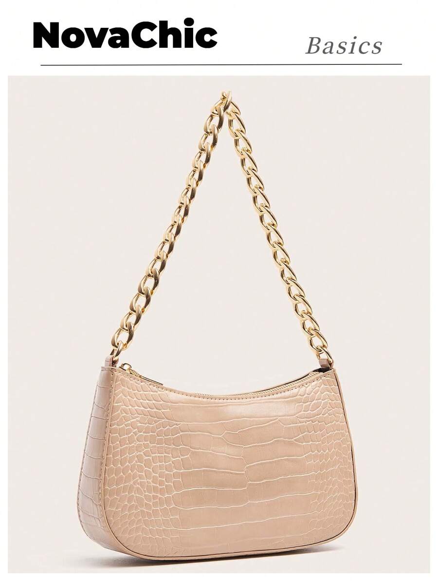 Bolso Baguette Con Cadena Y Estampado De Cocodrilo - Albaricoque - Ver 1