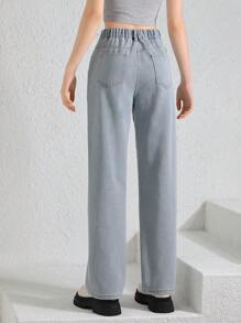 Teen Girl Personalized Patchwork Straight Leg Jeans, Wide Leg High Waist Loose Fit Denim Pants - Light Wash - View 7