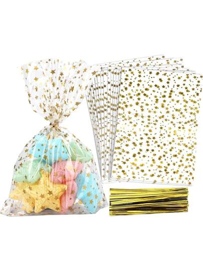 200pcs 5"X 10.6" (12.7cm X 27cm) Star Print Gift Wrap Bags, Clear Plastic Poly Gift Bags With Twist Ties, Suitable For Birthday, Wedding, Party Decoration,